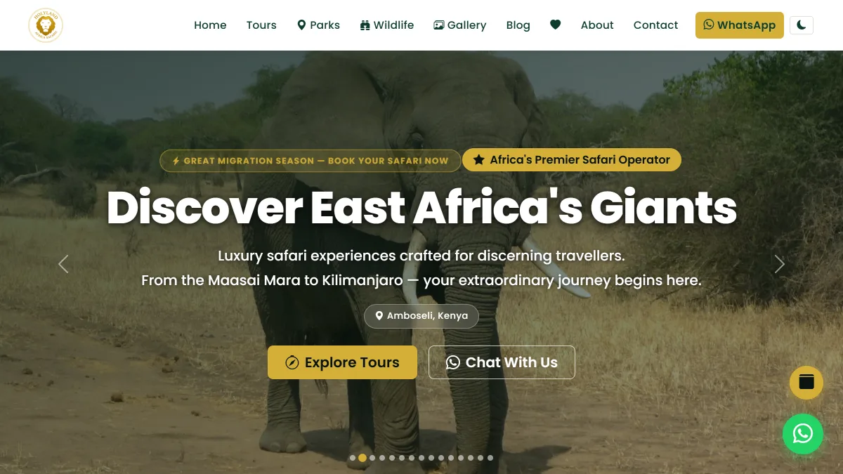 Screenshot of the HOLYLAND Africa Safaris website